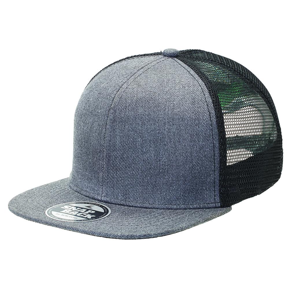 [4396-CH.BL] Heathered Flat Peak Trucker - 4396 (Charcoal Heather,Black)