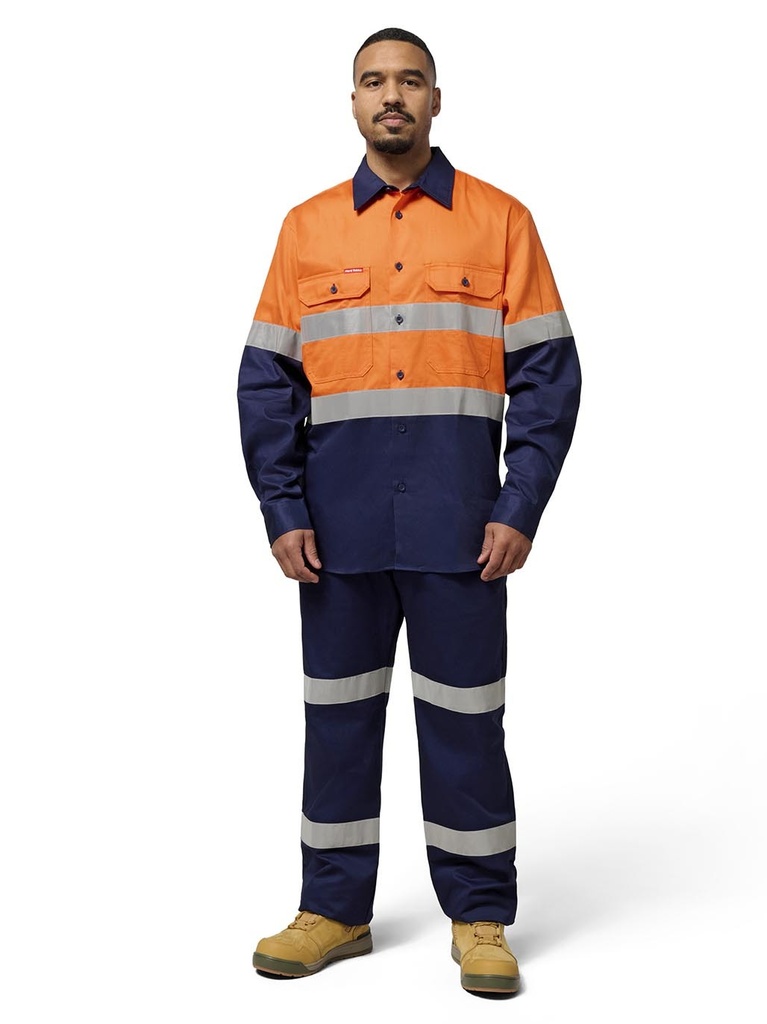 [9400021863485] Y07990 - Hi-Vis 2 Tone Long Sleeve Taped Cotton Drill Shirt (S, ORANGE/NAVY)