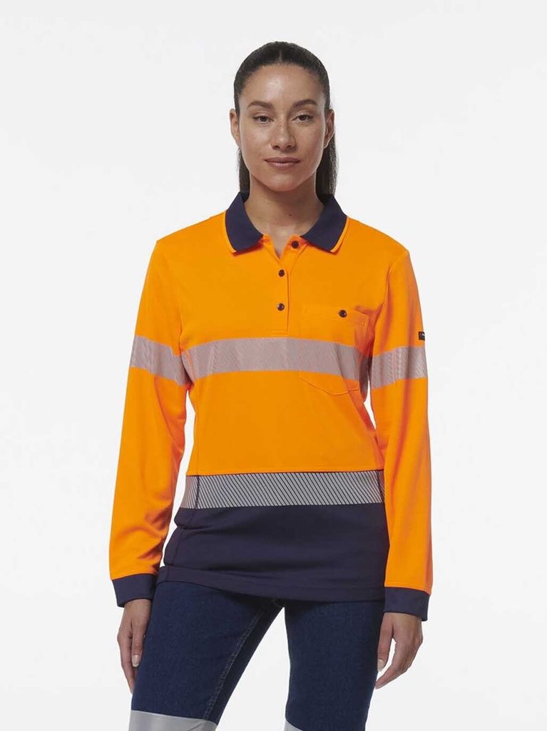 [9357732564784] K44223 - WOMENS HYPERFREEZE POLO LONG SLEEVE TAPED (XS, ORANGE/NAVY)